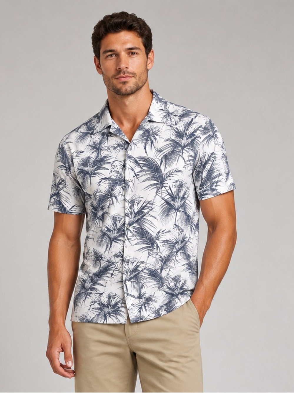 Travis Mathew‎ Tropical Leaves Pattern Blue White Polo Golf Shirt. Medium.